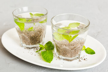 Healthy breakfast or morning with chia seeds and mint on table background, vegetarian food, diet...