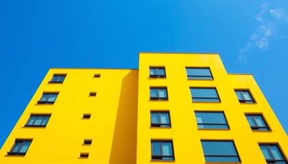 Bright yellow modern building against a vibrant blue sky ,  uncluttered, cheerful