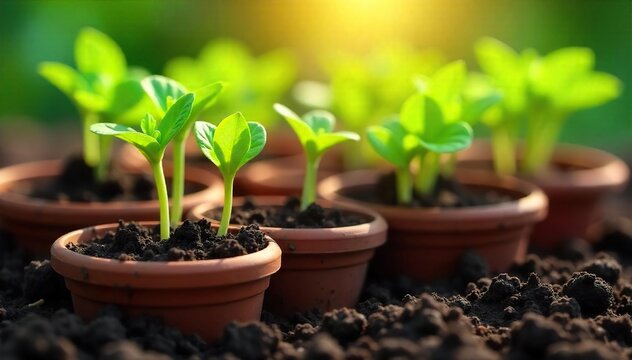 Close-up view of terracotta pots nestled amongst vibrant green seedlings, freshly planted in rich soil Sunlight dapples the scene, highlighting the delicate new growth , cultivation, flora