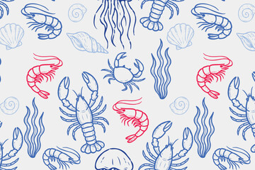Playful seamless marine pattern with hand-drawn sea creatures, including lobsters, crabs, shrimp, jellyfish, and shells in blue and red on a light background. Vector illustration