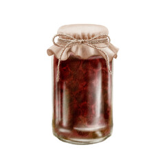 Cherry jam jar watercolor illustration. Vintage fabric lid with twine bow. Hand-painted rustic preserves pot for packaging, culinary branding, kitchen decor, homemade goods labels