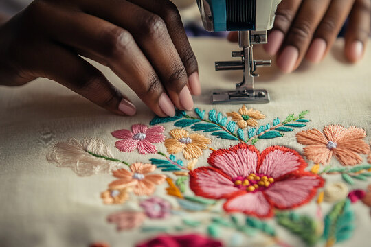 Close up of hands working with sewing machine on colorful quilt fabric during handmade craft project