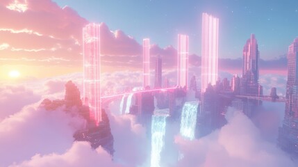 Floating Neon City By Generated AI