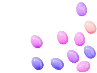 Happy Easter 3d banner with painted eggs and empty space for text top view. Abstract holiday poster template for advertising, greeting card with color rainbow egg on yellow background