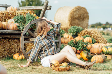 young woman stands at pumpkin festival, holding large orange and green pumpkin. She is surrounded by rows of pumpkins and a wooden display. The autumn farm setting captures the harvest season vibe.