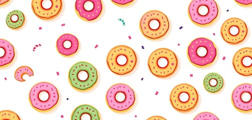 Delightful seamless vector pattern of colorful donuts on a light background, ideal for kids' designs, whimsical, sprinkles