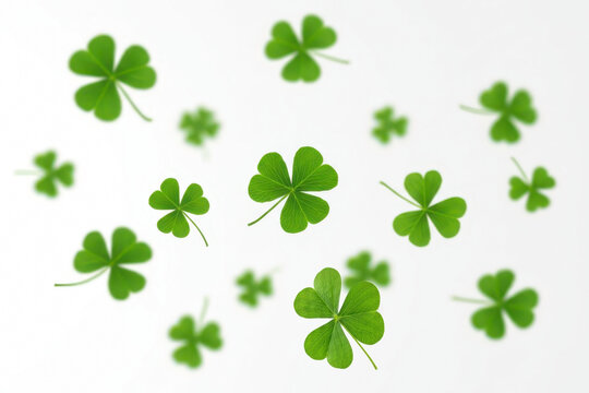 Festive clover and shamrock leaves flying, white background