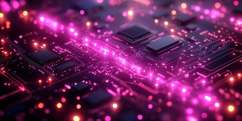 Futuristic Circuit Board and Technology Innovation Concept Featuring Glowing Pink and Purple Electronic Components, Representing Advanced Computing, Semiconductor Design, and Digital Infrastructure