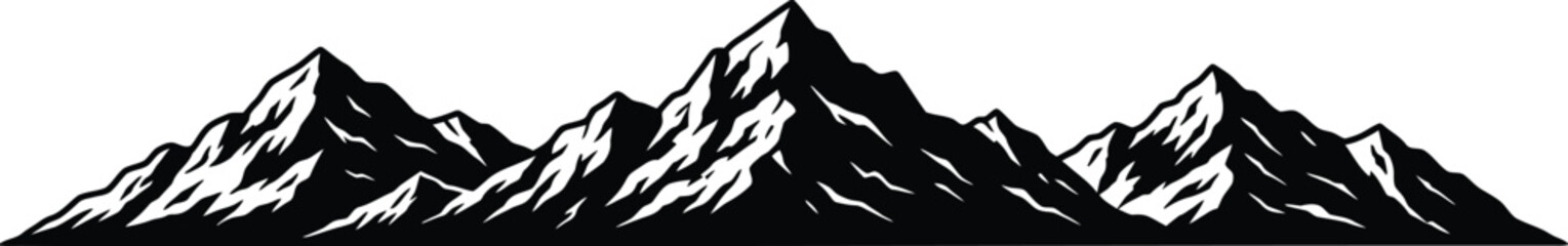 Striking black and white mountain range silhouette depicting rugged peaks and natural beauty