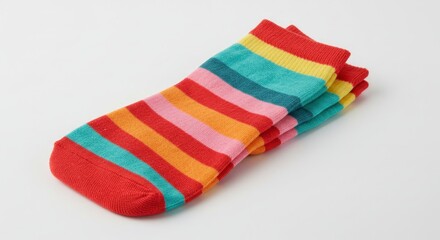 Folded Multicolored Striped Knit Socks on White Background