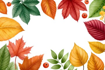 Obraz premium Colorful autumn leaves and berries frame bordering white background