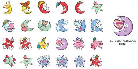 Fototapeta premium Cute star and Moon simple concept 24 hand drawn color icons set .Vector illustration. 