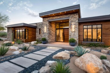 Modern luxury home exterior featuring stone and wood siding at sunset