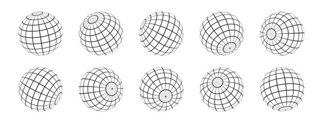 3D wireframes of spheres. Set of globes in various positions. Balls with a grid in brutalist style