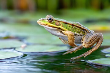 Obraz premium Green frog jumping from lily pad in pond
