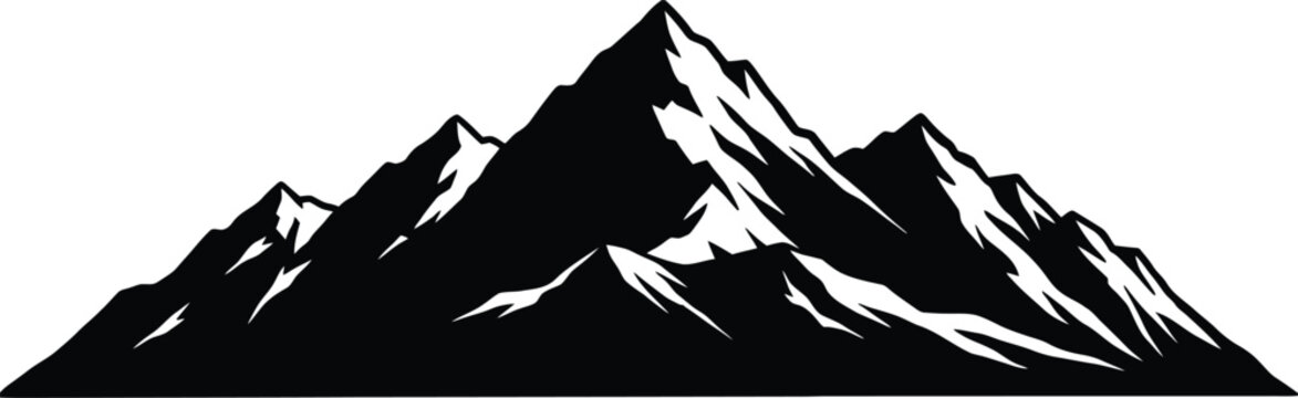 Black and white illustration of a majestic mountain range depicting rugged terrain and snowcapped peaks