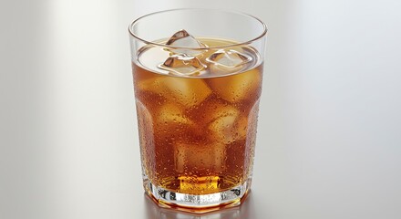 Glass Of Refreshing Iced Beverage With Ice Cubes On A Shiny Table