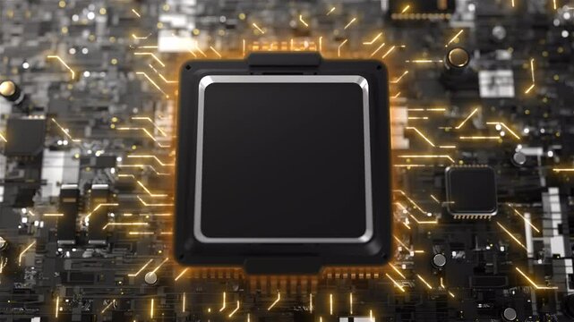 Animated circuit board. Digital technology background. Central computer processor CPU concept. Motherboard digital chip. PCB with free copy space for text or logo. Selective and soft focus. Close up.
