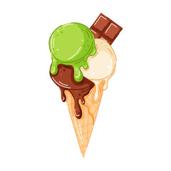 Ice cream cone with vanilla, pistachio and dark chocolate scoop in cartoon. Chocolate bar on top in waffle cone. Perfect for cafe menu, summer packaging graphic design.