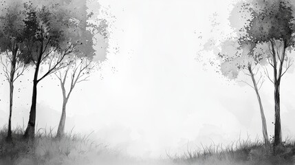 Minimalist ink forest landscape with trees and meadows in black and gray tones on white background