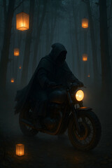 Mystic Motorcycle Rider Surrounded by Floating Lanterns – Fantasy Phone Wallpaper