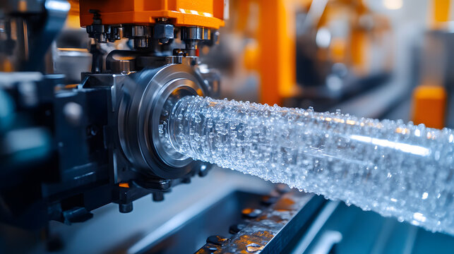 industrial machine extrudes pvc plastic granules into pipe shapes closeup view of raw material processing molten plastic resin shaped into tubing factory workshop setting modern manufacturing
