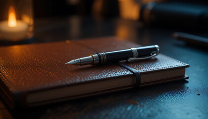 "Luxury pen on a leather-bound notebook with dramatic backlight, executive branding."