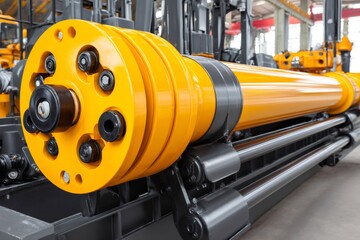 Fototapeta premium Hydraulic cylinder attaching to yellow industrial machinery in factory