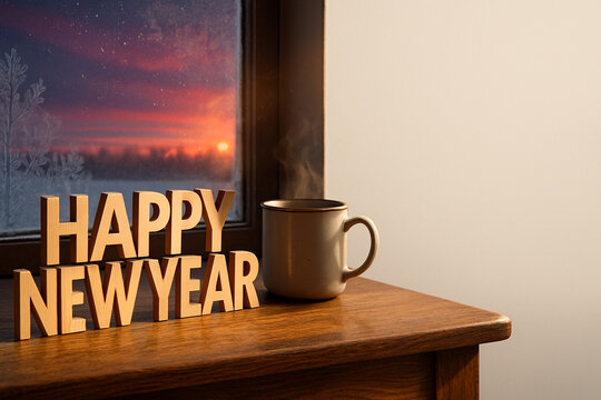 "Laser-Cut Pine &lsquo;HAPPY NEW YEAR&rsquo; on Oak Desk with Sunrise Light | 50MP Greeting Card Layout with Cream Negative Space"