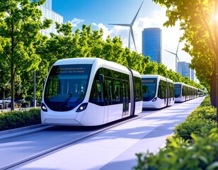 Modern electric trams in a city with green spaces