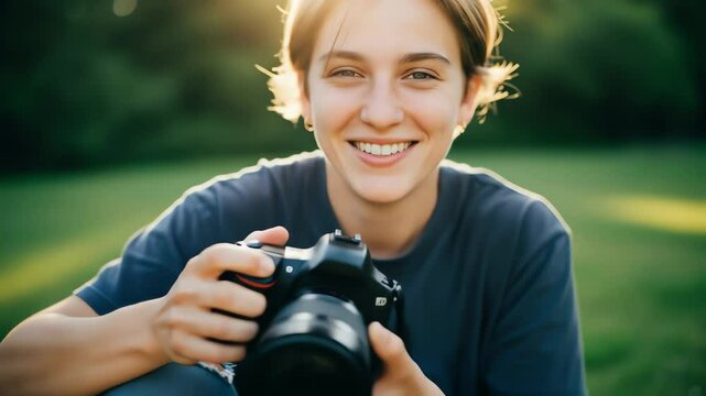 Smiling female photographer focusing camera lens on World Photography Day
 - Powered by Adobe