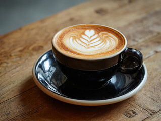 Classic cappuccino with latte art on wooden table