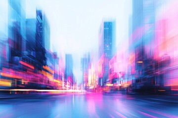 Digital art of a vibrant cityscape with a rainbow sky and trippy effects at twilight