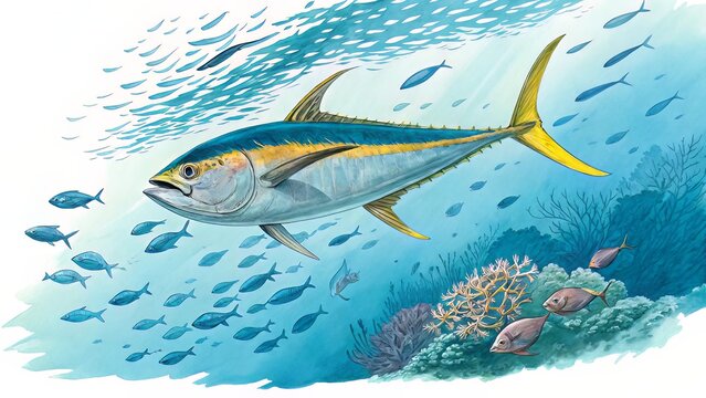 A pale blue, ink-style tuna illustration with vintage charm, suited for artisanal branding.