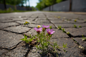 Pink Wildflowers Growing Through Cracked Pavement

