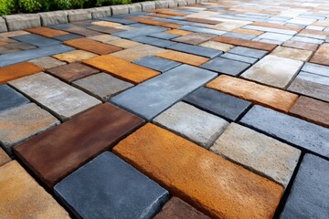Multicolored cobblestone pavement creating beautiful geometric patterns