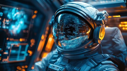Astronaut in Spacecraft with Reflective Helmet Displaying Interface