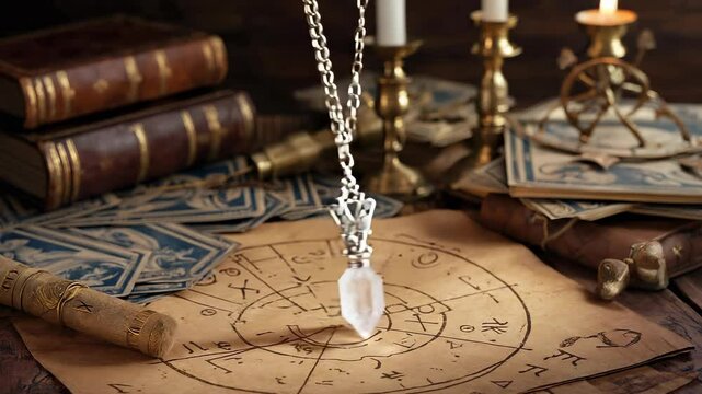 In a dim room of mystical artifacts, a silver pendulum with a crystal tip swings above a rune-covered map, its movement illuminated by flickering candlelight