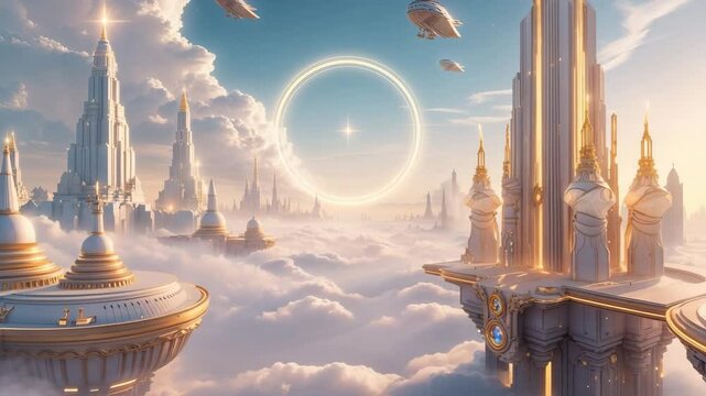 Golden City of Light in Heaven, fantasy scene in the realm of Gods