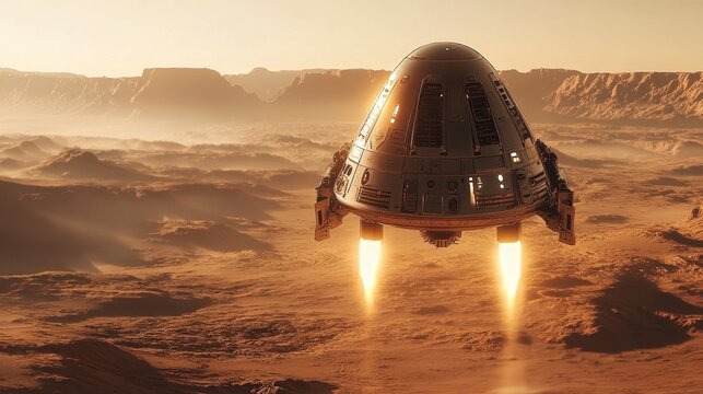 Futuristic spacecraft landing on alien desert landscape at sunset