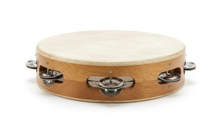 Isolated Tambourine On White Background Showing Detailed Wooden Frame and Metallic Components
