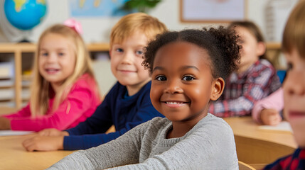 Academic Concept. Smiling junior school sitting at desk in classroom, writing in notebook, posing and looking at camera. Group of diverse classmates studying in the background