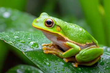 Fototapeta premium Green tree frog resting on a wet leaf in the rainforest