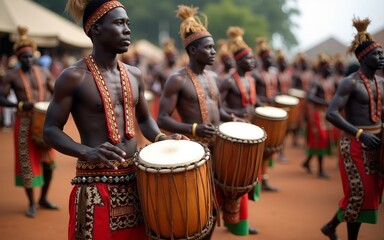 A closeup photo shows a drummer playing an African Shekere gourd percussion instrument while marching in a procession during a kente yam festival in Ghana, West Africa. High quality