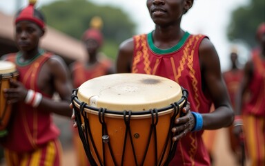 A closeup photo shows a drummer playing an African Shekere gourd percussion instrument while marching in a procession during a kente yam festival in Ghana, West Africa. High quality