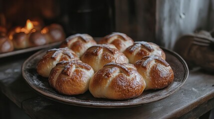 Freshly Baked Bread Rolls on Rustic Wooden Table with Warm Glow