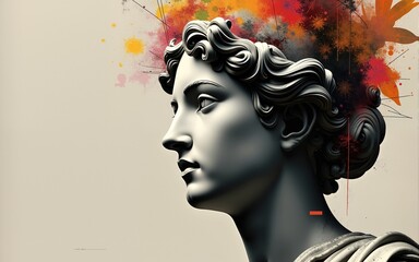 Contemporary art concept collage with antique statue head in a surreal style. Modern unusual art. Glitch effect, textured. High quality