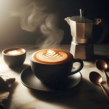 Steaming latte art in dark cups with moka pot