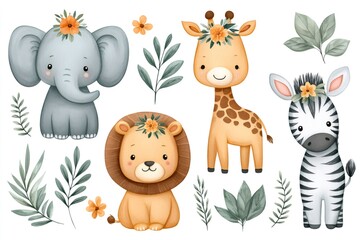 Naklejka premium Adorable lion, elephant, giraffe, and zebra wearing flower crowns, a watercolor safari adventure