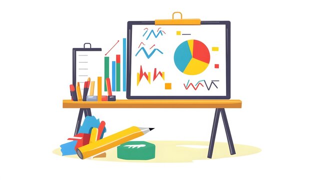 Colorful presentation board with various charts and office supplies on a table.